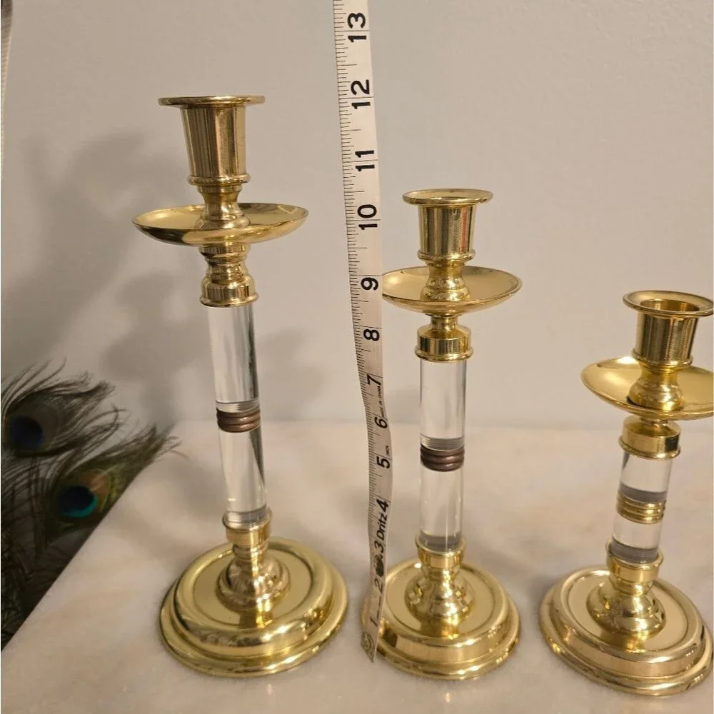 Ethan Allen Vintage MCM Brass & Lucite Candlestick Holders Set of 3